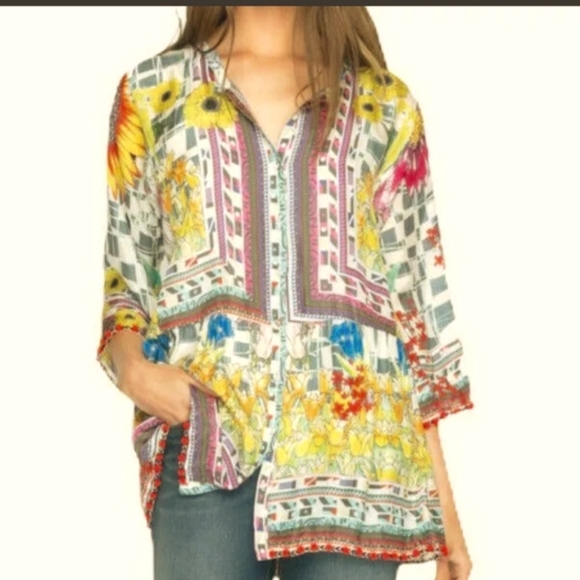 Johnny Was Tops - Johnny Was Theda Tunic To Blouse 100% Silk Mixed Floral & Geometric Print Size S